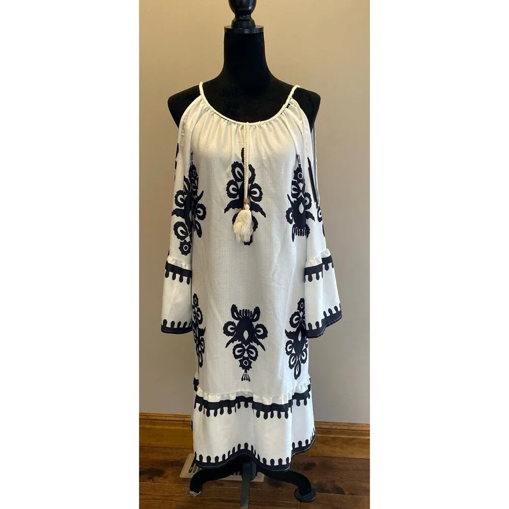 Swimsuit Coverup‎ Dress Off Shoulder Black & White Plus Size XL Ethnic Boho Sexy